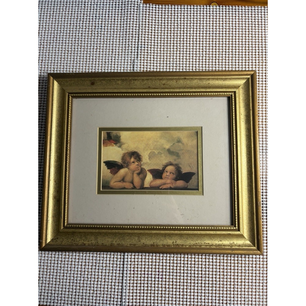 VTG Gold Wood Frame Art Print Cherubs Sistine Madonna, Raphael Gold 13" X 10"